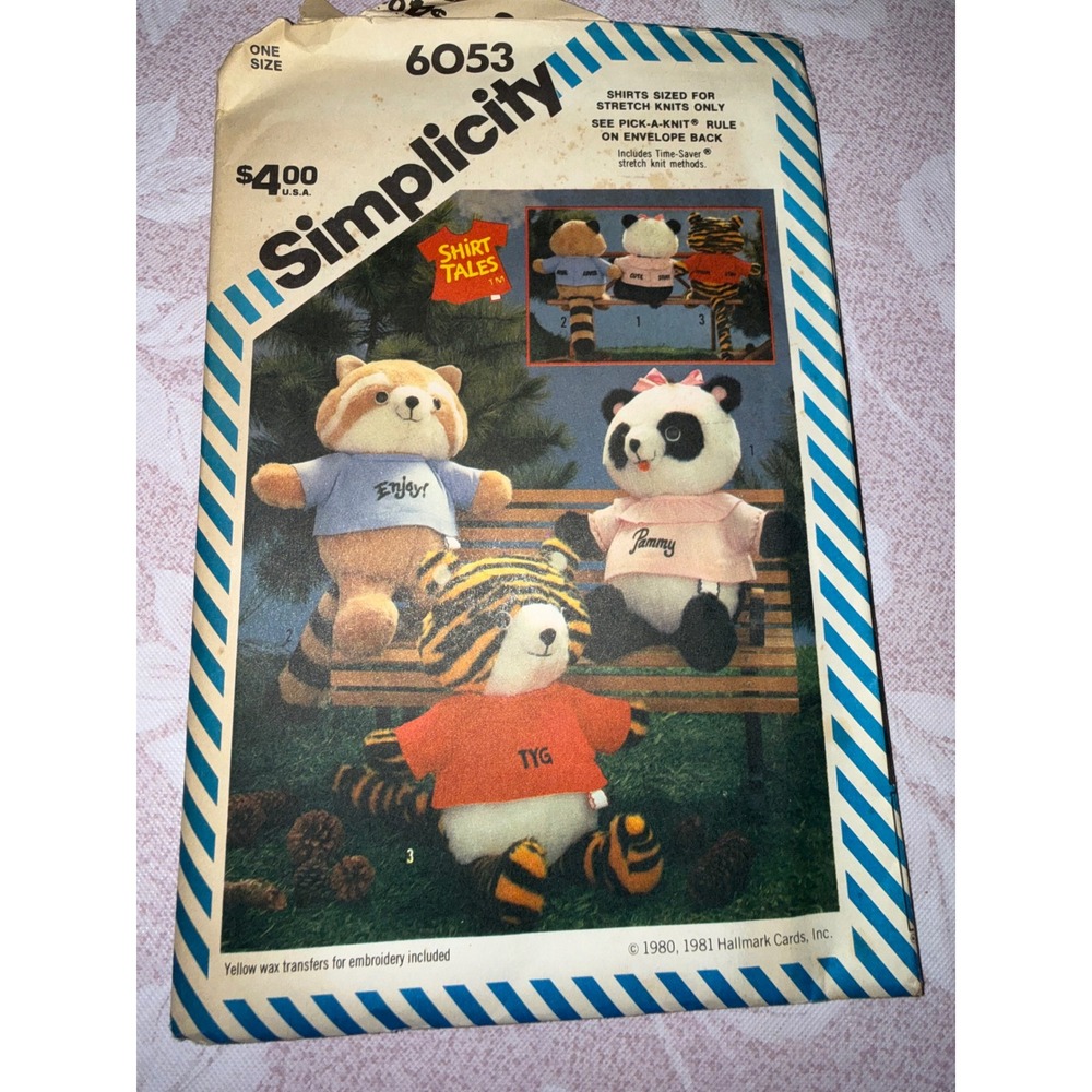 Vintage 1980 Simplicity 6053 Shirt Tales Stuffed Animal Sewing Pattern Hallmark